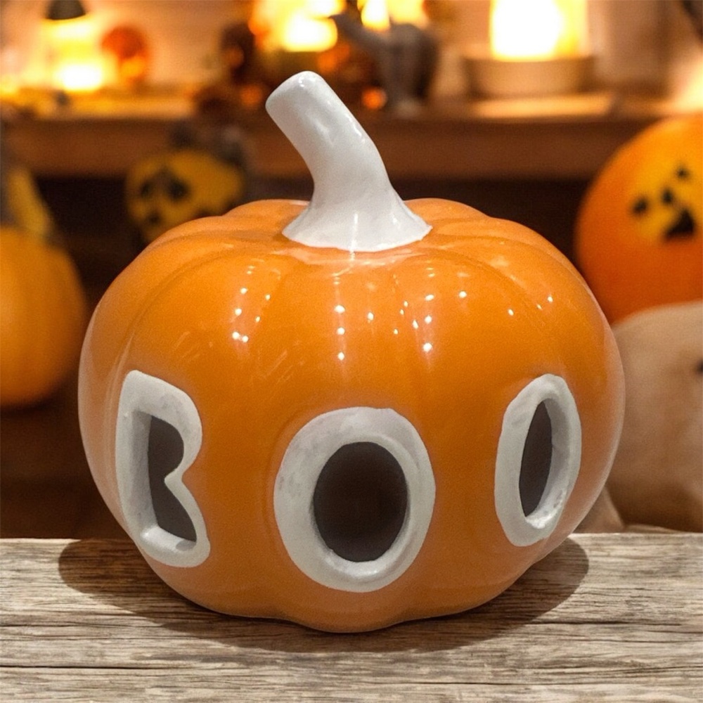 Orange Ceramic Pumpkin with 'BOO' Cutout